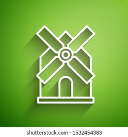 White line Windmill icon isolated on green background.  Vector Illustration