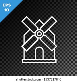 White line Windmill icon isolated on transparent dark background.  Vector Illustration