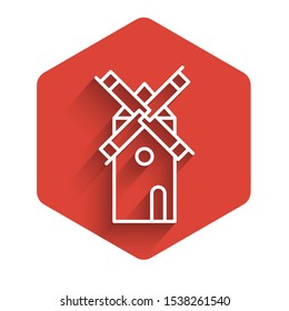 White line Windmill icon isolated with long shadow. Red hexagon button. Vector Illustration