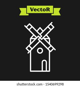 White line Windmill icon isolated on black background.  Vector Illustration