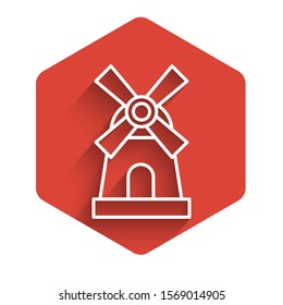 White line Windmill icon isolated with long shadow. Red hexagon button. Vector Illustration