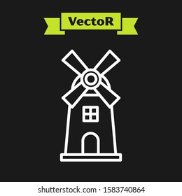 White line Windmill icon isolated on black background.  Vector Illustration