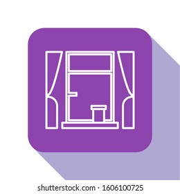 White line Window with curtains in the room icon isolated on white background. Purple square button. Vector Illustration