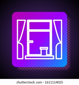 White line Window with curtains in the room icon isolated on black background. Square color button. Vector Illustration