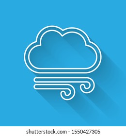 White line Windy weather icon isolated with long shadow. Cloud and wind.  Vector Illustration