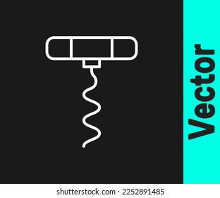 White line Wine corkscrew icon isolated on black background.  Vector Illustration