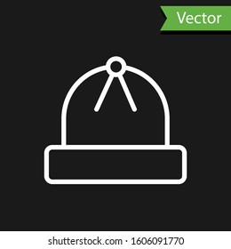 White line Winter hat icon isolated on black background.  Vector Illustration