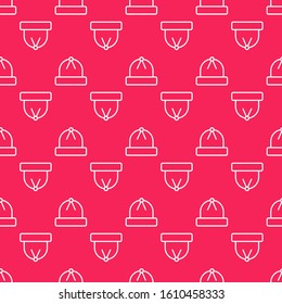 White line Winter hat icon isolated seamless pattern on red background.  Vector Illustration