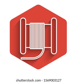 White line Wire electric cable on a reel or drum icon isolated with long shadow. Red hexagon button. Vector Illustration