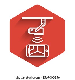 White line Wireless Controlling CCTV security camera with smartphone icon isolated with long shadow. IOT Concept and remote home appliance. Red hexagon button. Vector Illustration
