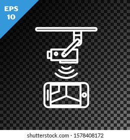 White line Wireless Controlling CCTV security camera with smartphone icon isolated on transparent dark background. IOT Concept and remote home appliance.  Vector Illustration