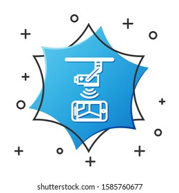 White line Wireless Controlling CCTV security camera with smartphone icon isolated on white background. IOT Concept and remote home appliance. Blue hexagon button. Vector Illustration