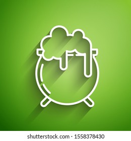 White line Witch cauldron icon isolated on green background. Happy Saint Patricks day.  Vector Illustration