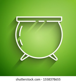 White line Witch cauldron icon isolated on green background. Happy Saint Patricks day.  Vector Illustration
