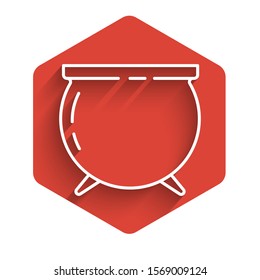 White line Witch cauldron icon isolated with long shadow. Happy Saint Patricks day. Red hexagon button. Vector Illustration