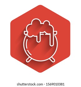 White line Witch cauldron icon isolated with long shadow. Happy Saint Patricks day. Red hexagon button. Vector Illustration