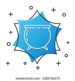 White line Witch cauldron icon isolated on white background. Happy Saint Patricks day. Blue hexagon button. Vector Illustration