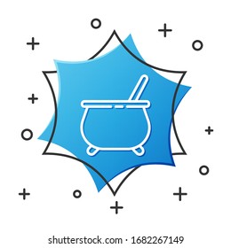 White line Witch cauldron icon isolated on white background. Happy Halloween party. Blue hexagon button. Vector Illustration