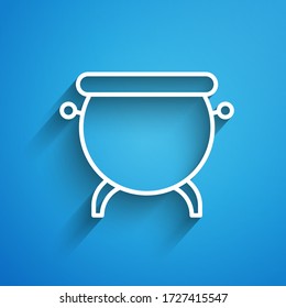 White line Witch cauldron icon isolated on blue background. Happy Halloween party. Long shadow. Vector Illustration