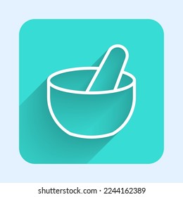 White line Witch cauldron icon isolated with long shadow background. Happy Halloween party. Green square button. Vector