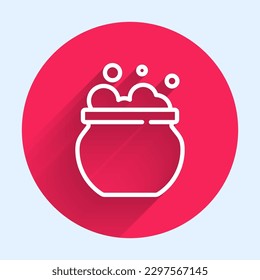 White line Witch cauldron icon isolated with long shadow. Happy Halloween party. Red circle button. Vector