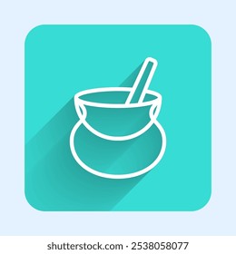 White line Witch cauldron icon isolated with long shadow background. Happy Halloween party. Green square button. Vector