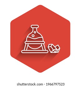 Lápiz de bruja y icono de piedra mágica aislado con sombra larga. Botón hexágono rojo. Ilustración vectorial