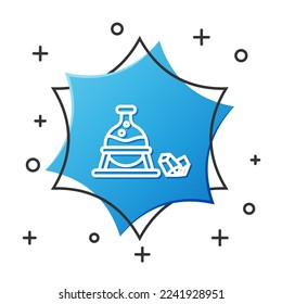 White line Witch cauldron and magic stone icon isolated on white background. Blue hexagon button. Vector Illustration