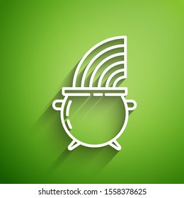 White line Witch cauldron and rainbow icon isolated on green background. Happy Saint Patricks day.  Vector Illustration