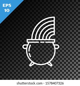 White line Witch cauldron and rainbow icon isolated on transparent dark background. Happy Saint Patricks day.  Vector Illustration