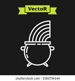 White line Witch cauldron and rainbow icon isolated on black background. Happy Saint Patricks day.  Vector Illustration