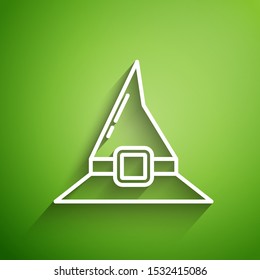 White line Witch hat icon isolated on green background. Happy Halloween party.  Vector Illustration