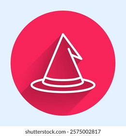 White line Witch hat icon isolated with long shadow. Happy Halloween party. Red circle button. Vector