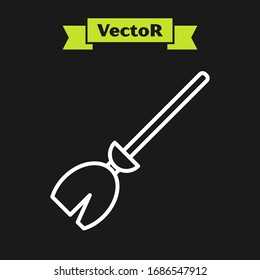 White line Witches broom icon isolated on black background. Happy Halloween party.  Vector Illustration