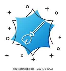 White line Witches broom icon isolated on white background. Happy Halloween party. Blue hexagon button. Vector Illustration
