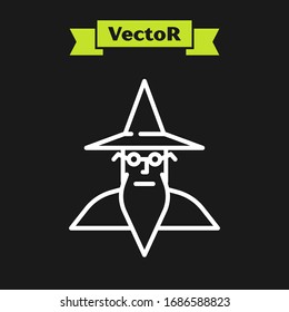 White line Wizard warlock icon isolated on black background.  Vector Illustration