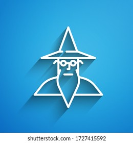 White line Wizard warlock icon isolated on blue background. Long shadow. Vector Illustration