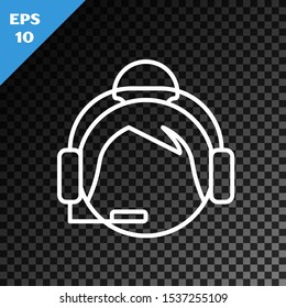 White line Woman with a headset icon isolated on transparent dark background. Support operator in touch. Concept for call center, client support service.  Vector Illustration