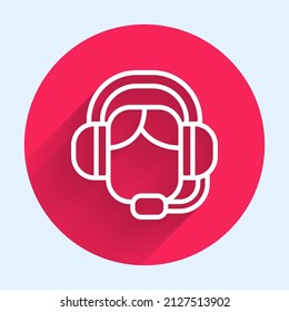 White line Woman with a headset icon isolated with long shadow. Support operator in touch. Concept for call center, client support service. Red circle button. Vector