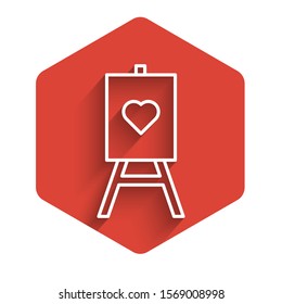 White line Wood easel or painting art boards with heart icon isolated with long shadow. Red hexagon button. Vector Illustration