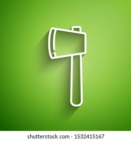 White line Wooden axe icon isolated on green background. Lumberjack axe. Happy Halloween party.  Vector Illustration