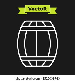 White line Wooden barrel icon isolated on black background. Alcohol barrel, drink container, wooden keg for beer, whiskey, wine.  Vector Illustration