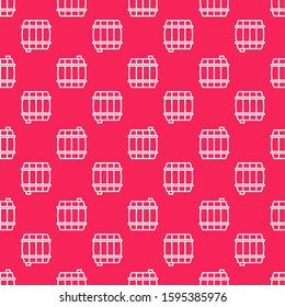 White line Wooden barrel icon isolated seamless pattern on red background. Alcohol barrel, drink container, wooden keg for beer, whiskey, wine.  Vector Illustration