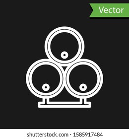 White line Wooden barrels icon isolated on black background. Alcohol barrel, drink container, wooden keg for beer, whiskey, wine.  Vector Illustration
