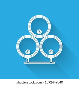 White line Wooden barrels icon isolated with long shadow. Alcohol barrel, drink container, wooden keg for beer, whiskey, wine.  Vector Illustration