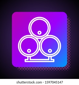 White line Wooden barrels icon isolated on black background. Alcohol barrel, drink container, wooden keg for beer, whiskey, wine. Square color button. Vector Illustration