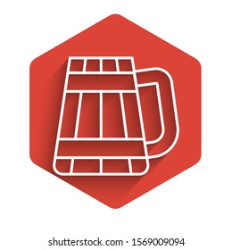 White line Wooden beer mug icon isolated with long shadow. Red hexagon button. Vector Illustration