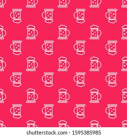 White line Wooden beer mug icon isolated seamless pattern on red background.  Vector Illustration