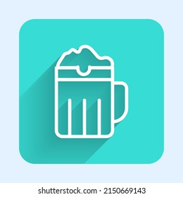 White line Wooden beer mug icon isolated with long shadow. Green square button. Vector