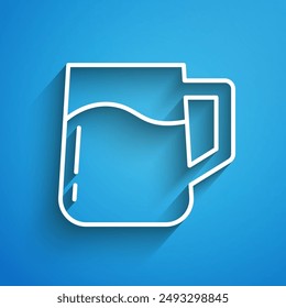 White line Wooden beer mug icon isolated on blue background. Long shadow. Vector